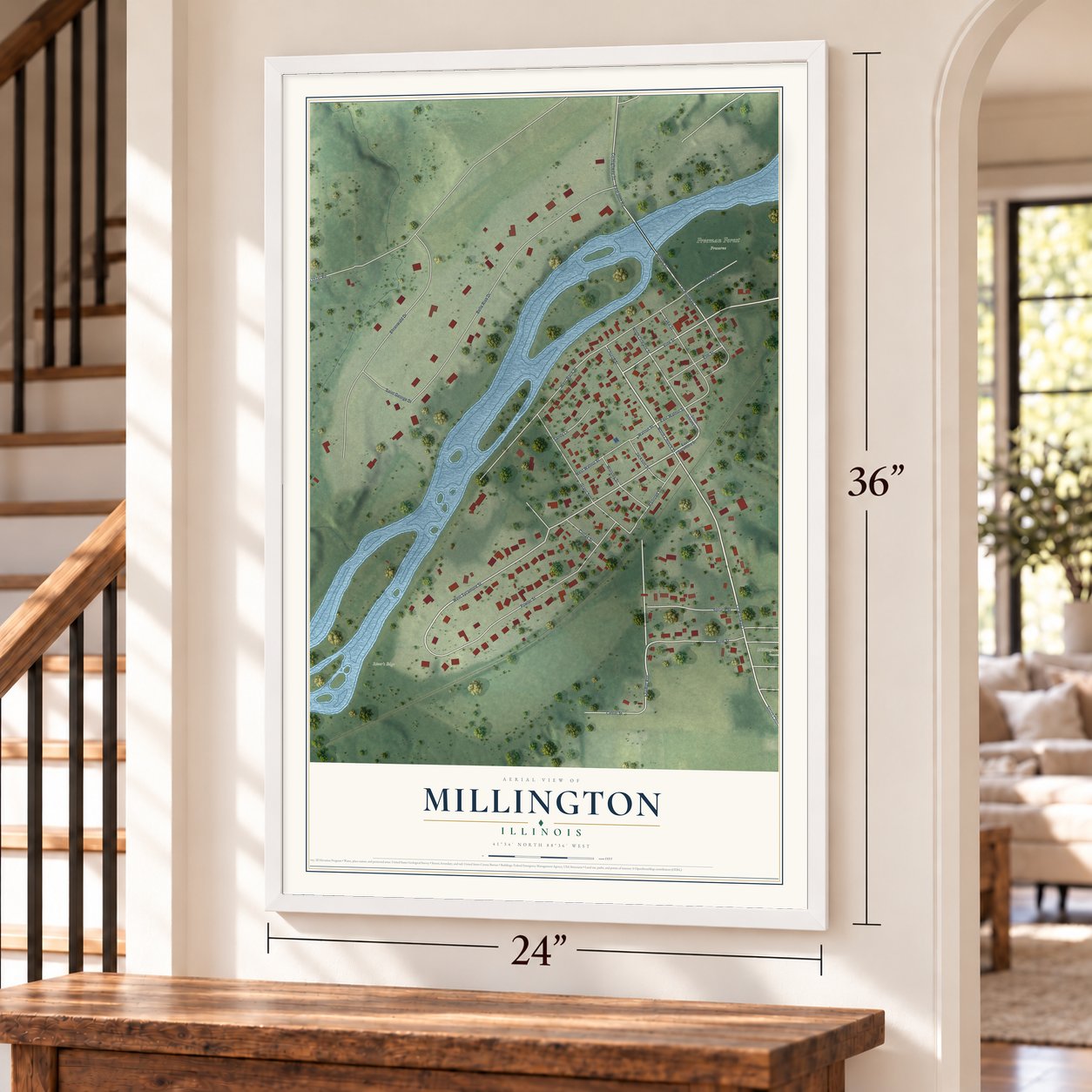 Millington, Illinois map, 24 x 36 inch print in a white frame by a staircase