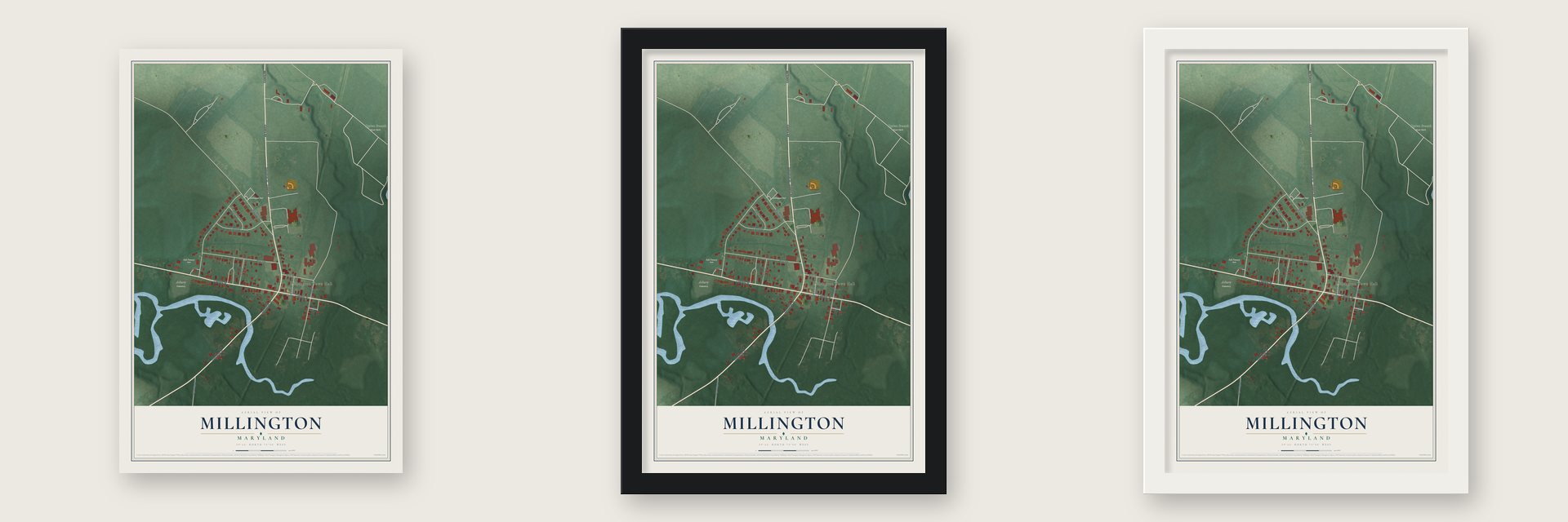 Millington, Maryland map unframed, in a black wood frame and in a white wood frame