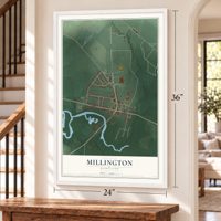 Millington, Maryland map, 24 x 36 inch print in a white frame by a staircase