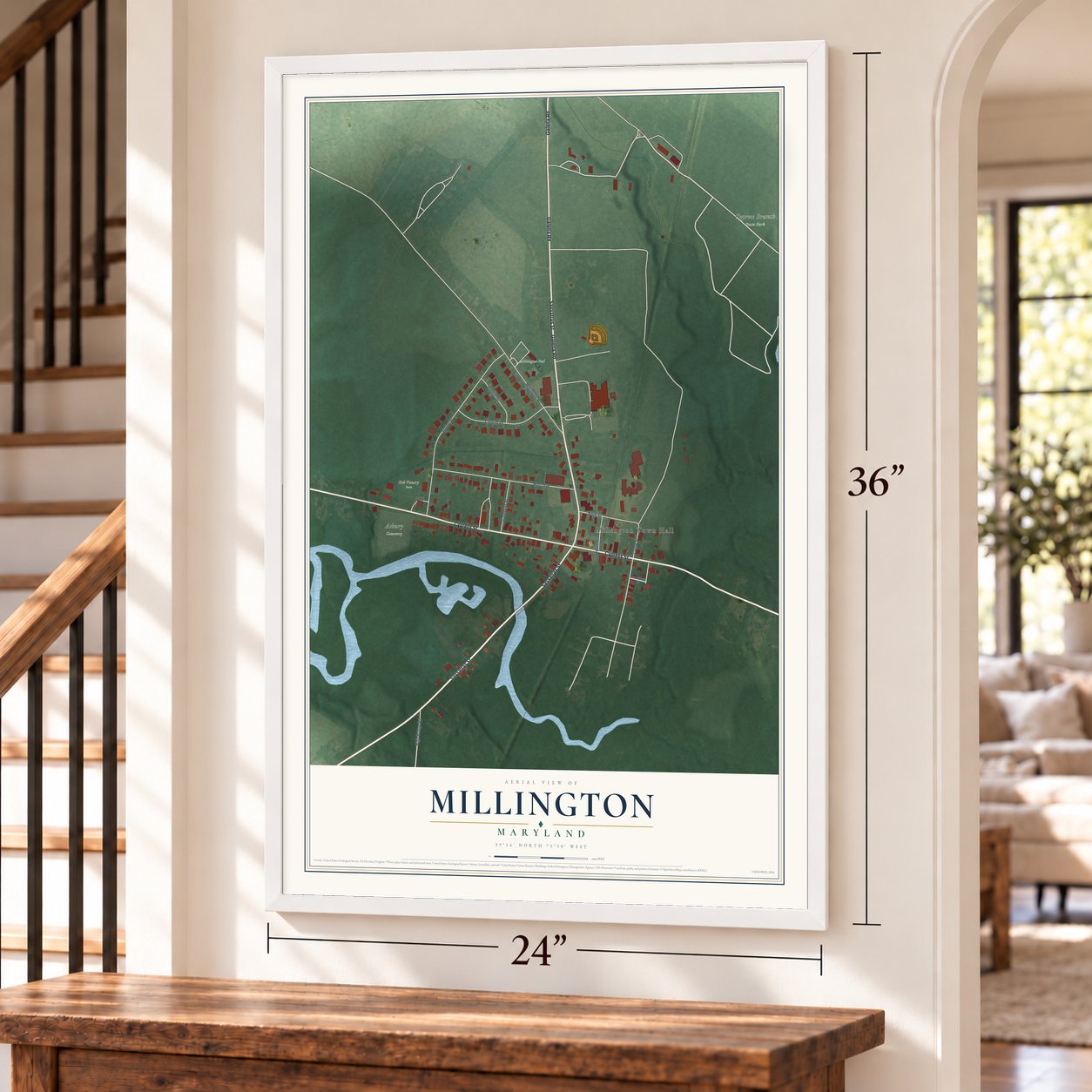 Millington, Maryland map, 24 x 36 inch print in a white frame by a staircase