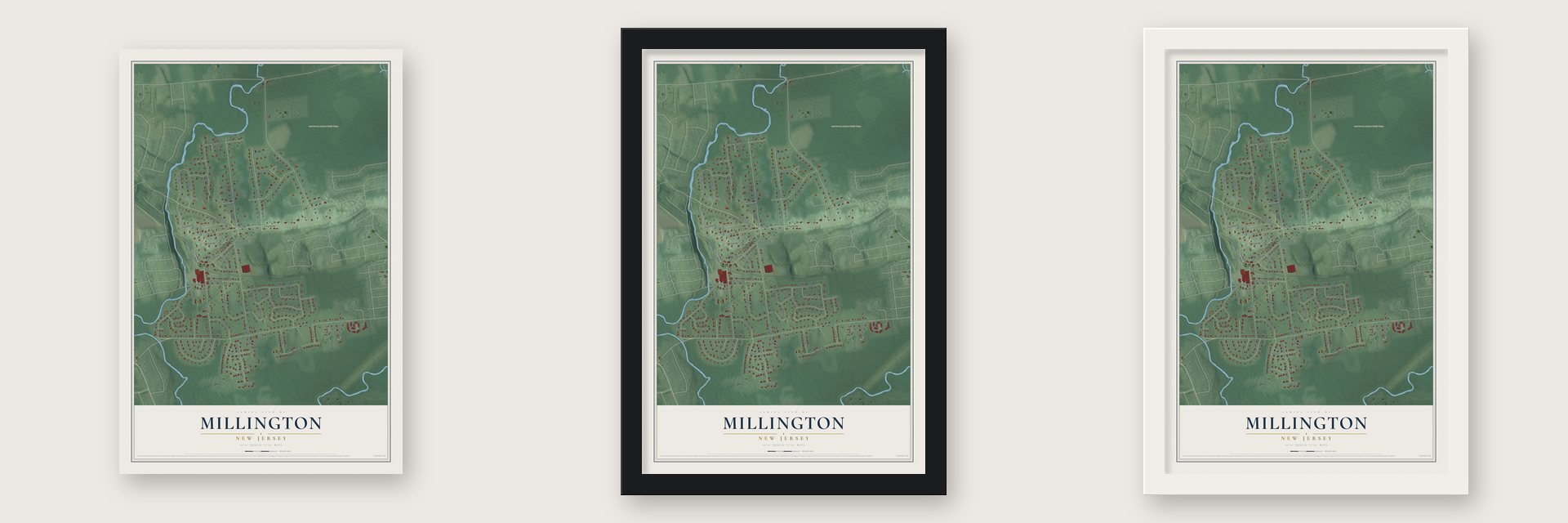 Millington, New Jersey map unframed, in a black wood frame and in a white wood frame