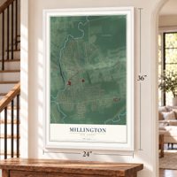 Millington, New Jersey map, 24 x 36 inch print in a white frame by a staircase