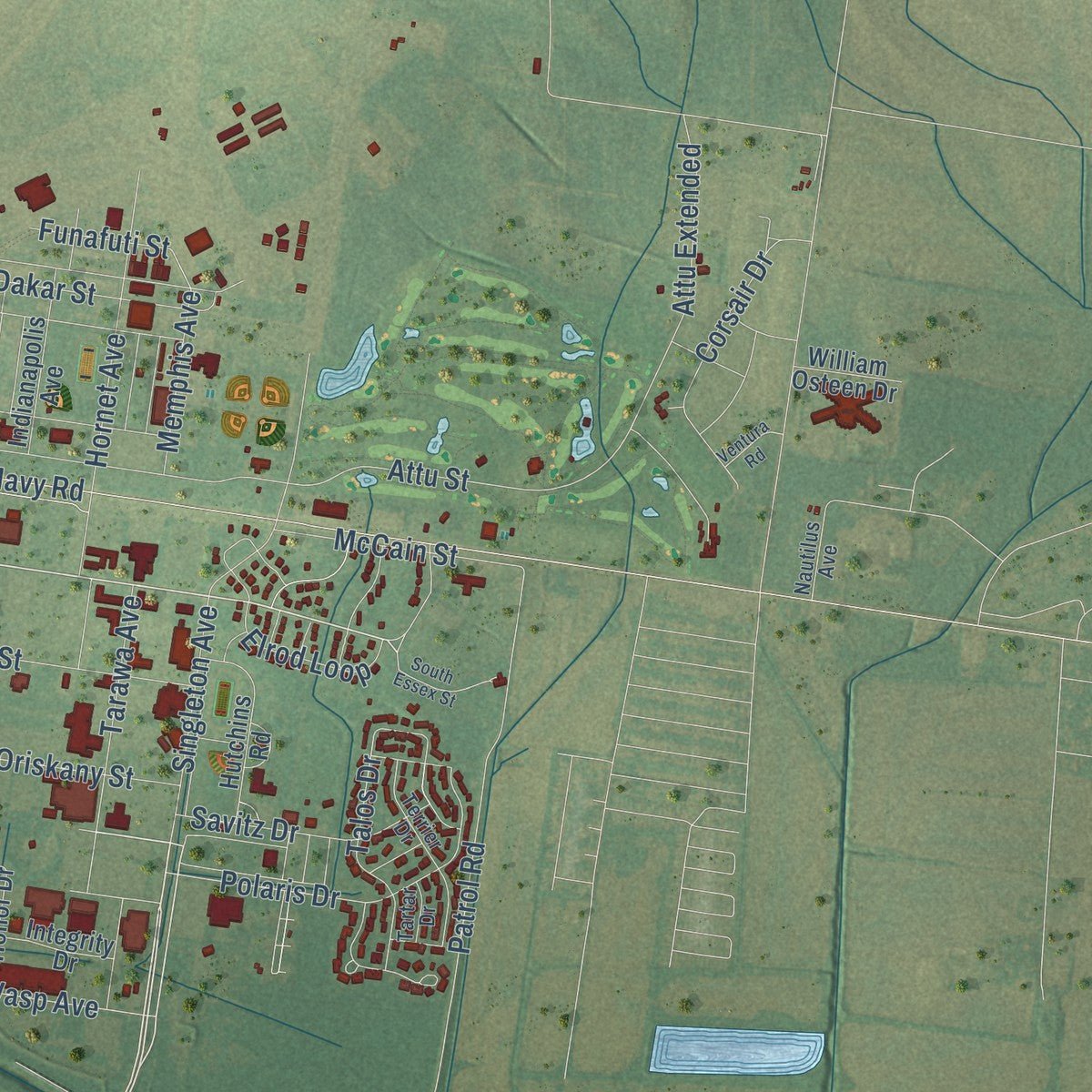 Second close-up of the map of Millington, Tennessee print showing more streets and buildings