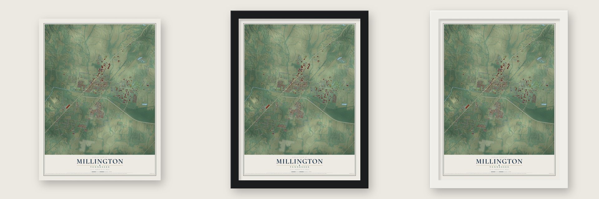Millington, Tennessee map unframed, in a black wood frame and in a white wood frame