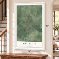 Millington, Tennessee map, 24 x 36 inch print in a white frame by a staircase