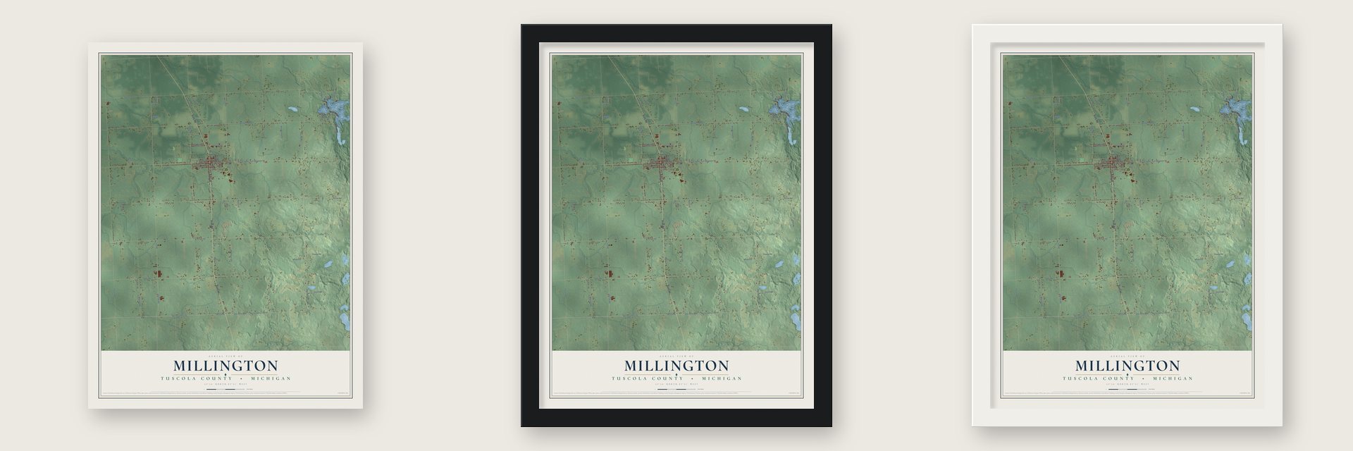 Millington, Tuscola County, Michigan map unframed, in a black wood frame and in a white wood frame