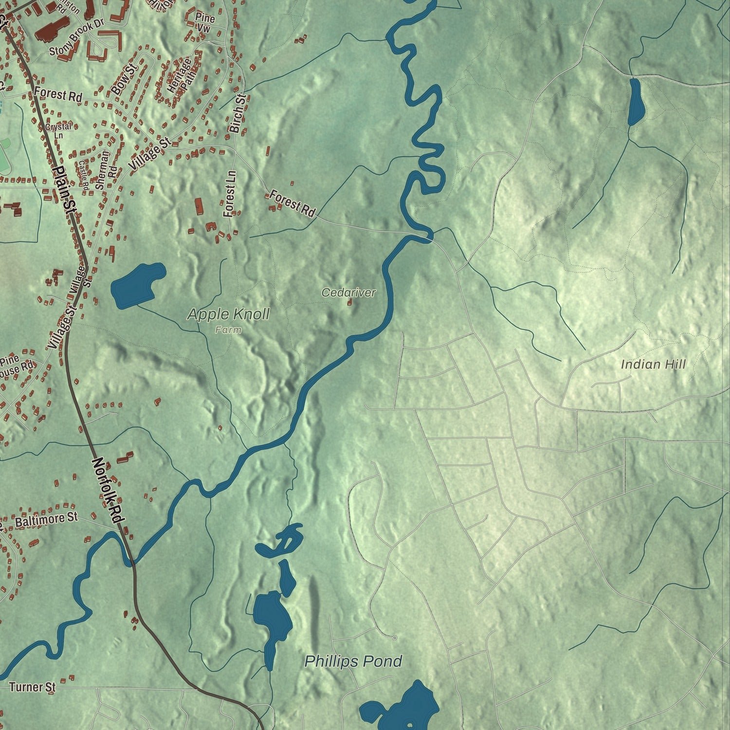 Close-up of the map of Millis, Massachusetts print showing terrain and local geography