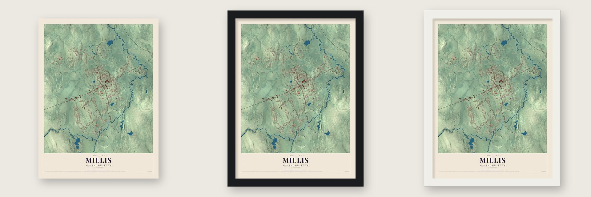 Millis, Massachusetts map unframed, in a black wood frame and in a white wood frame