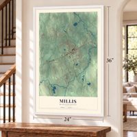 Millis, Massachusetts map, 24 x 36 inch print in a white frame by a staircase