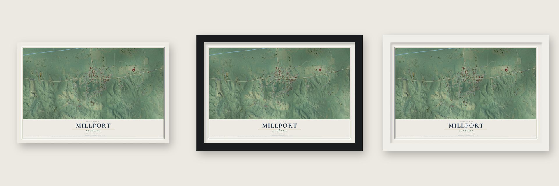 Millport, Alabama map unframed, in a black wood frame and in a white wood frame