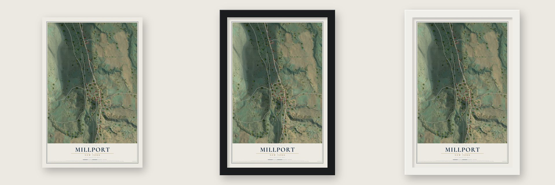 Millport, New York map unframed, in a black wood frame and in a white wood frame