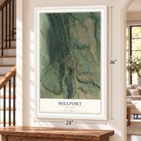 Millport, New York map, 24 x 36 inch print in a white frame by a staircase