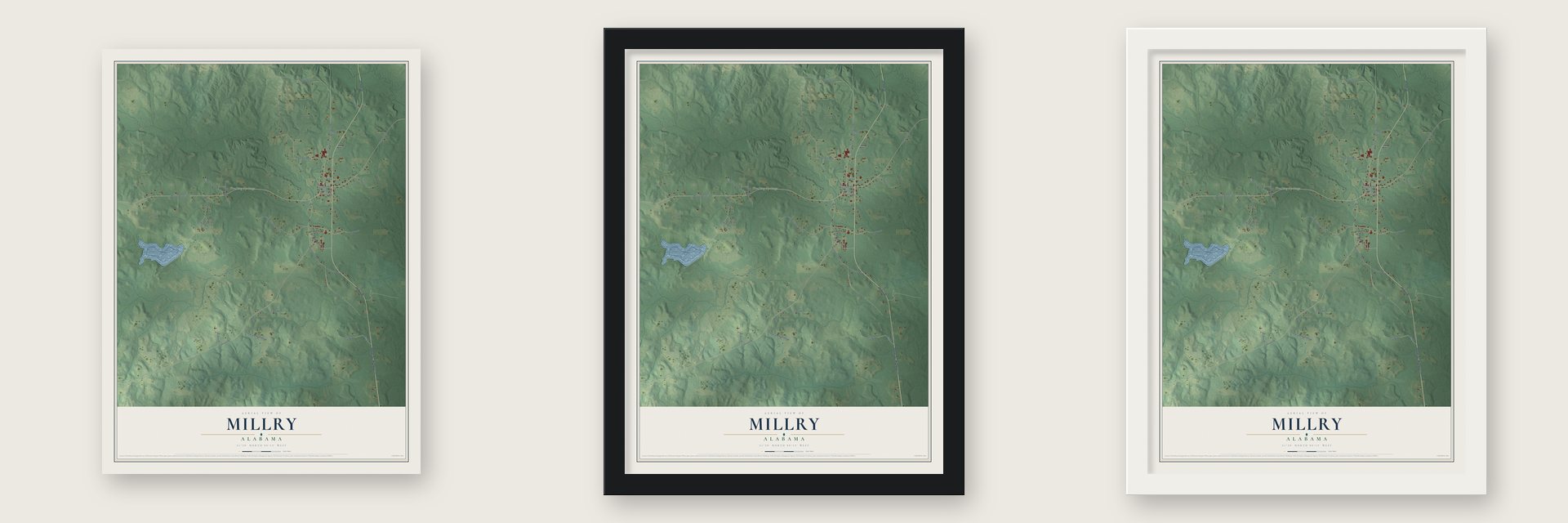 Millry, Alabama map unframed, in a black wood frame and in a white wood frame