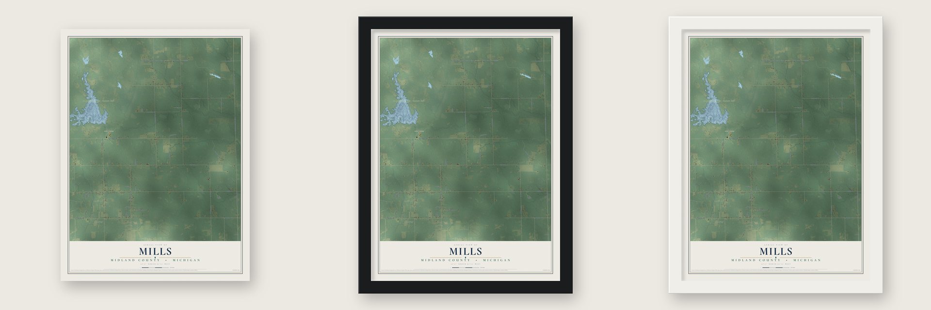Mills, Midland County, Michigan map unframed, in a black wood frame and in a white wood frame