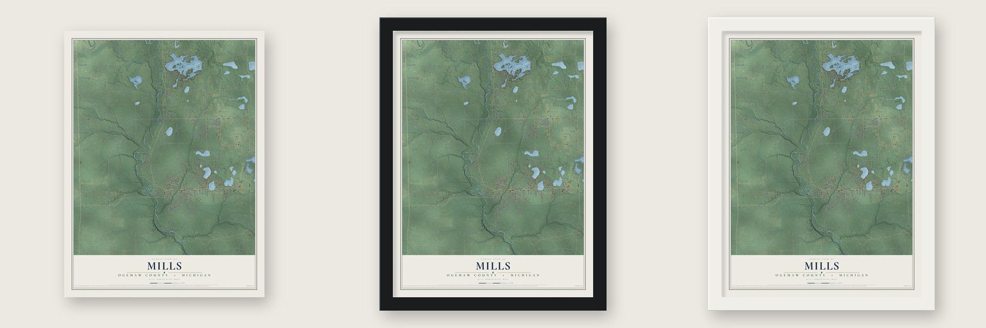 Mills, Ogemaw County, Michigan map unframed, in a black wood frame and in a white wood frame