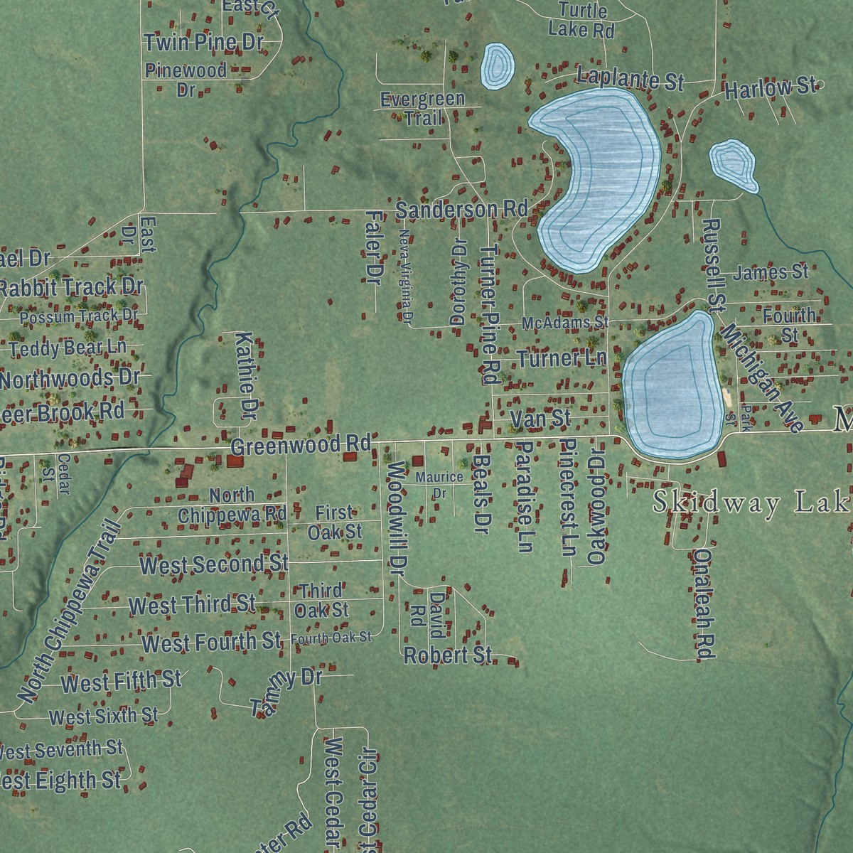 Second close-up of the map of Mills, Ogemaw County, Michigan print showing more streets and buildings
