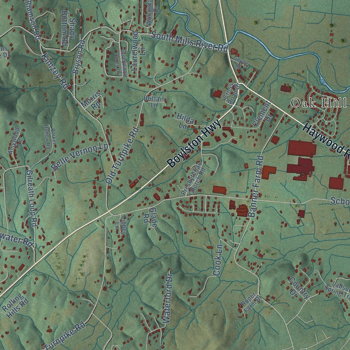 Second close-up of the map of Mills River, North Carolina print showing more streets and buildings