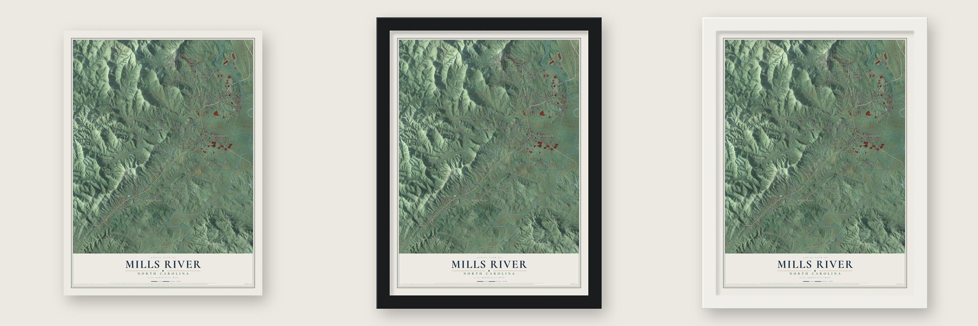 Mills River, North Carolina map unframed, in a black wood frame and in a white wood frame