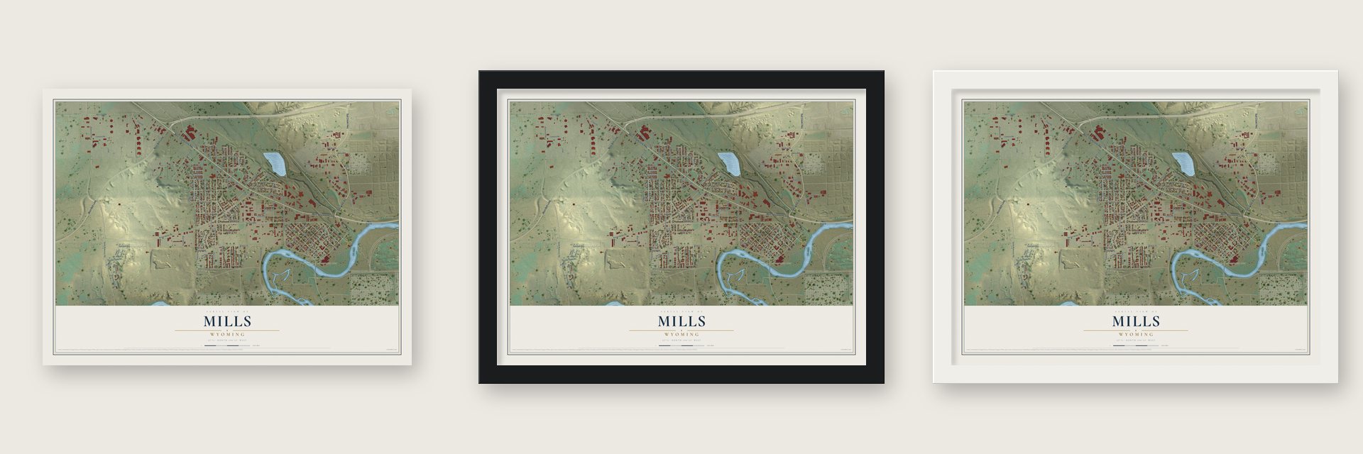 Mills, Wyoming map unframed, in a black wood frame and in a white wood frame