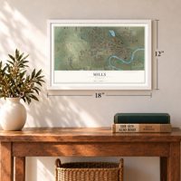 Mills, Wyoming map, 12 x 18 inch print in a white frame in an entryway