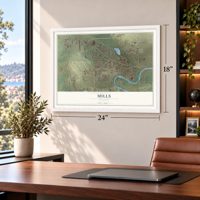 Mills, Wyoming map, 18 x 24 inch print in a white frame in a home office