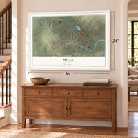 Mills, Wyoming map, 24 x 36 inch print in a white frame above a dresser by a staircase