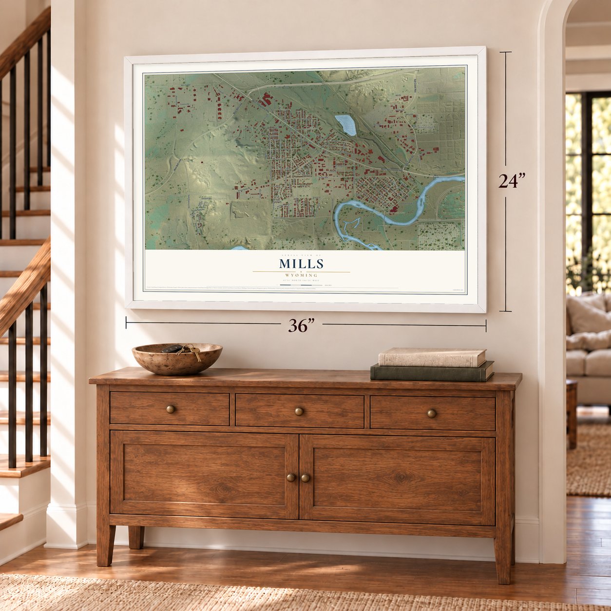 Mills, Wyoming map, 24 x 36 inch print in a white frame above a dresser by a staircase