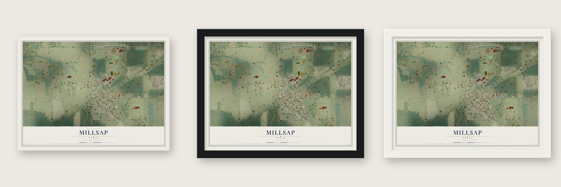 Millsap, Texas map unframed, in a black wood frame and in a white wood frame