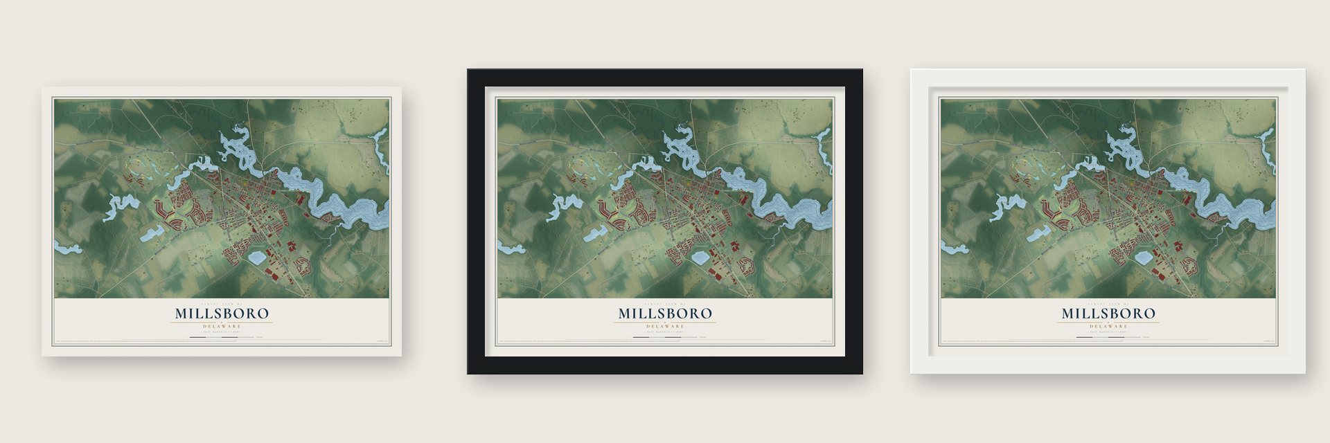 Millsboro, Delaware map unframed, in a black wood frame and in a white wood frame