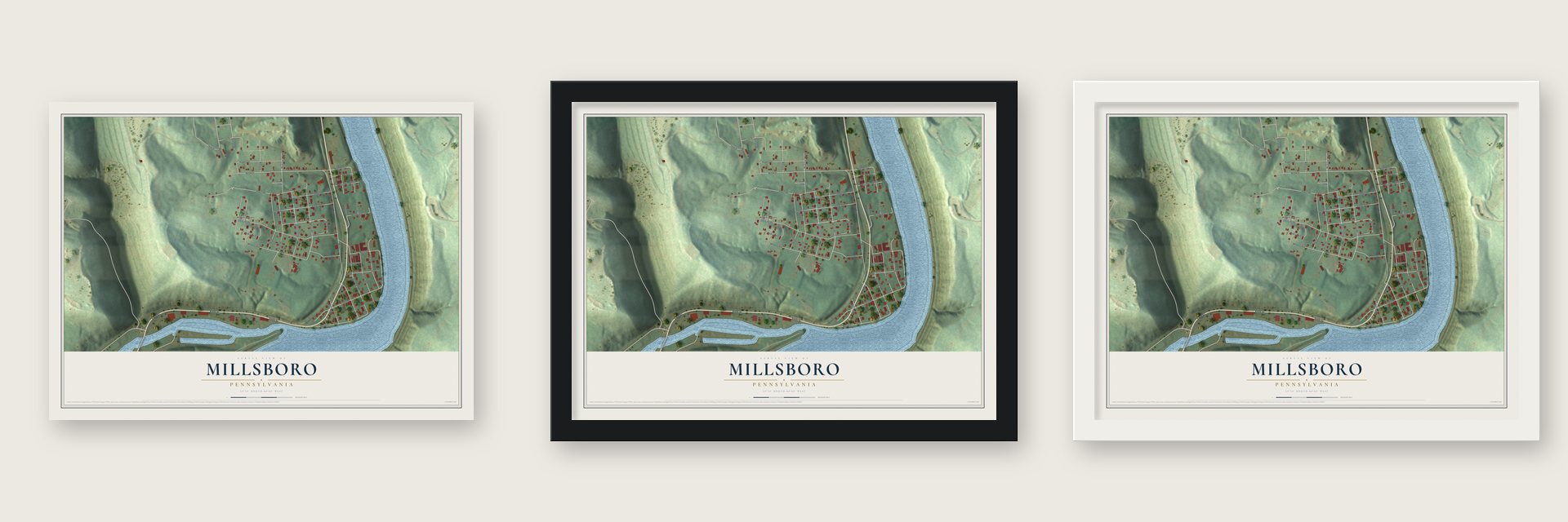 Millsboro, Pennsylvania map unframed, in a black wood frame and in a white wood frame
