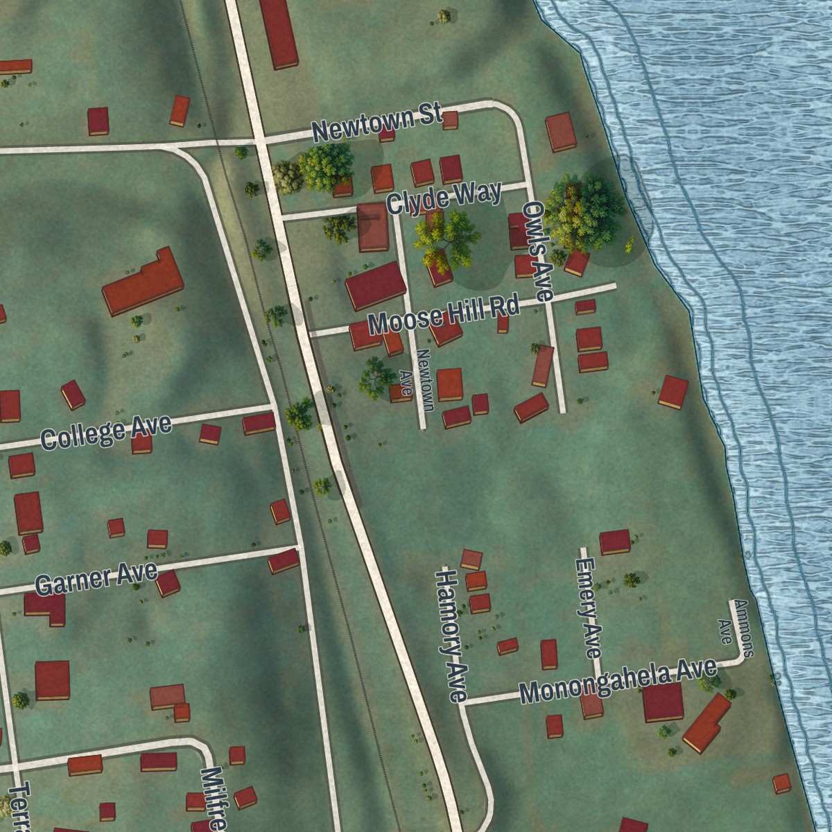 Second close-up of the map of Millsboro, Pennsylvania print showing more streets and buildings