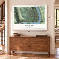Millsboro, Pennsylvania map, 24 x 36 inch print in a white frame above a dresser by a staircase