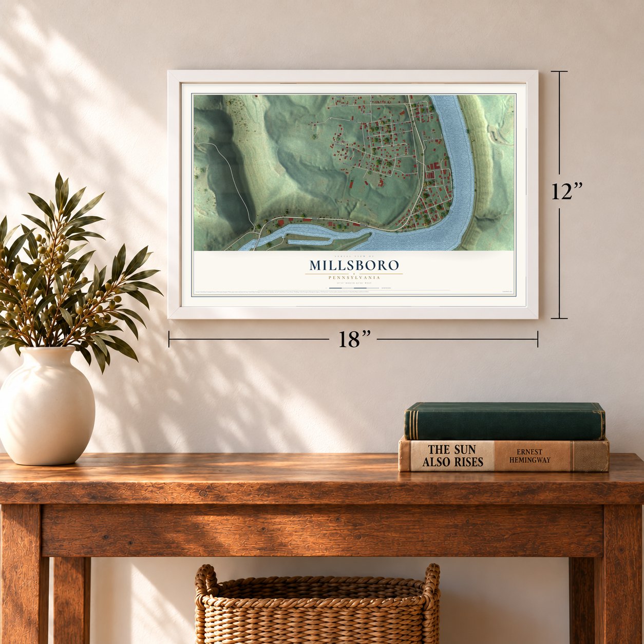 Millsboro, Pennsylvania map, 12 x 18 inch print in a white frame in an entryway