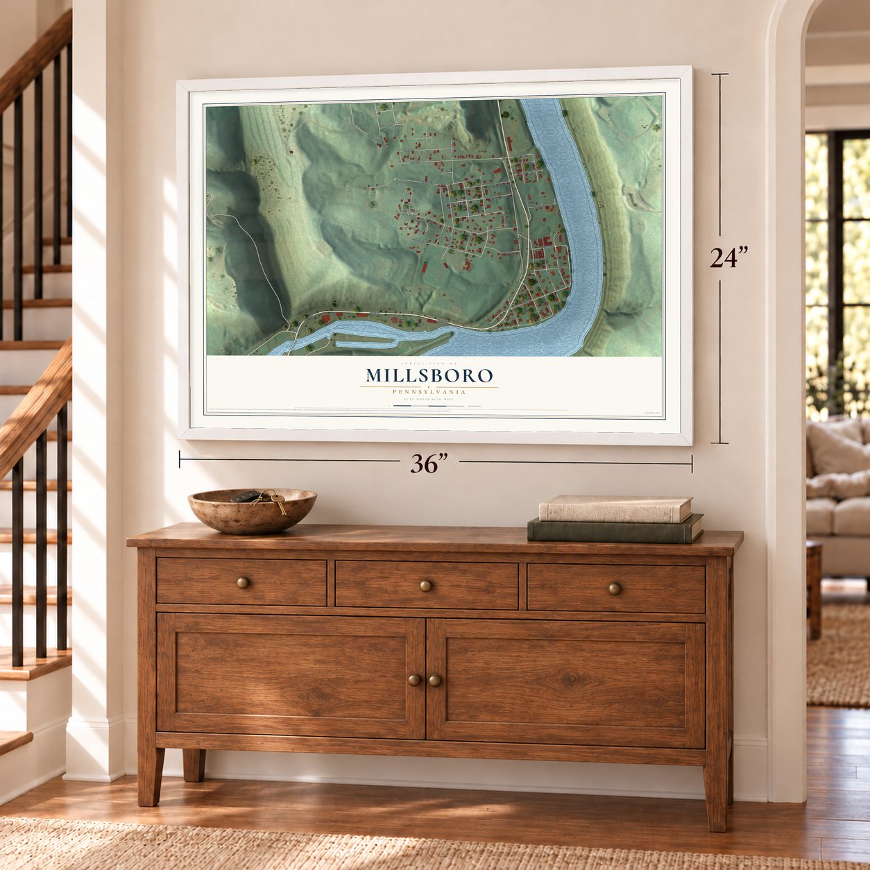 Millsboro, Pennsylvania map, 24 x 36 inch print in a white frame above a dresser by a staircase