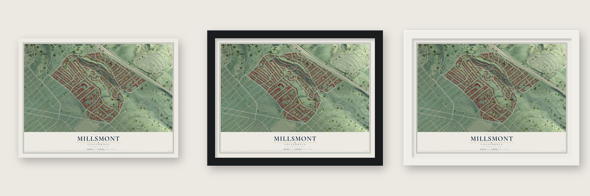 Millsmont, California map unframed, in a black wood frame and in a white wood frame