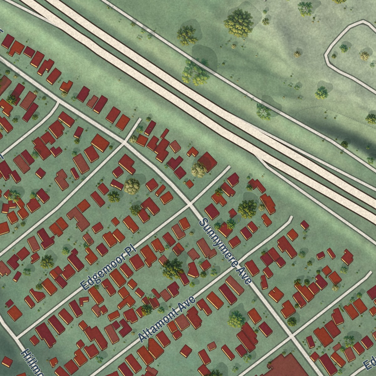 Second close-up of the map of Millsmont, California print showing more streets and buildings