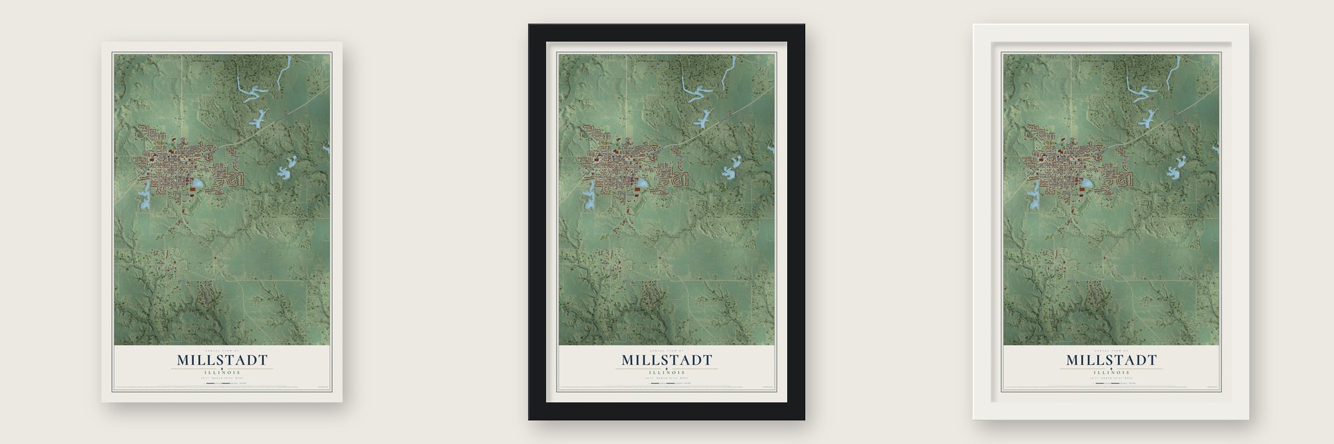 Millstadt, Illinois map unframed, in a black wood frame and in a white wood frame