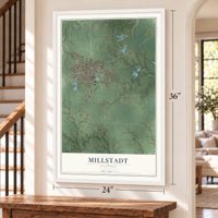 Millstadt, Illinois map, 24 x 36 inch print in a white frame by a staircase