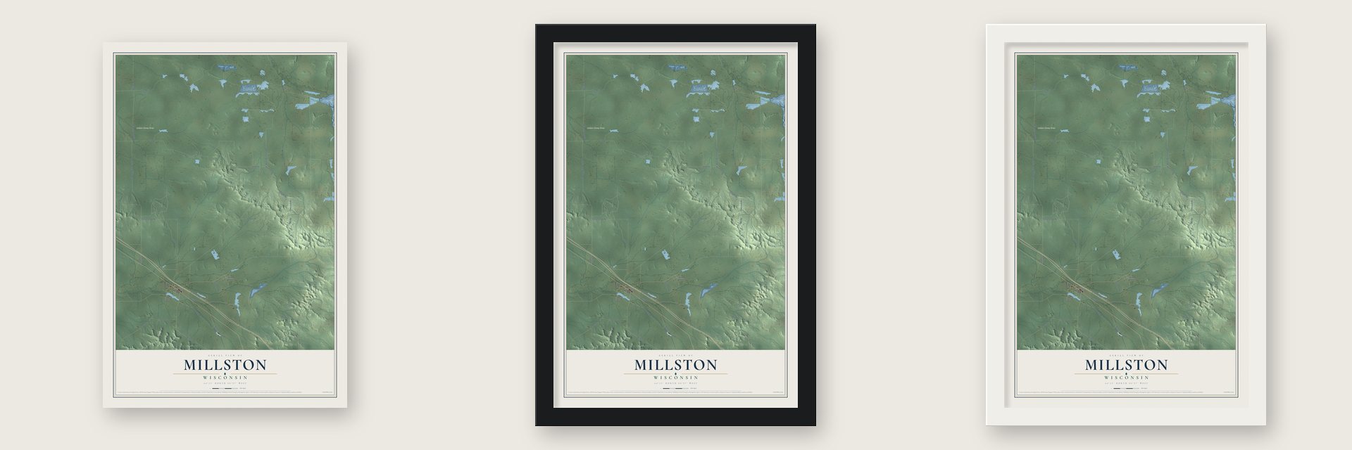Millston, Wisconsin map unframed, in a black wood frame and in a white wood frame