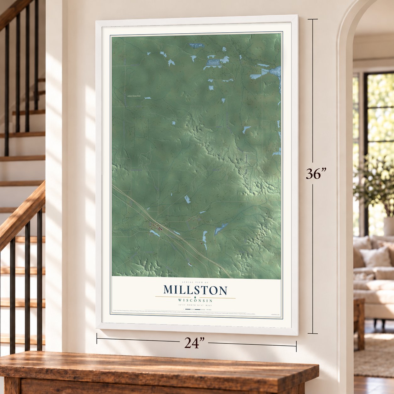 Millston, Wisconsin map, 24 x 36 inch print in a white frame by a staircase