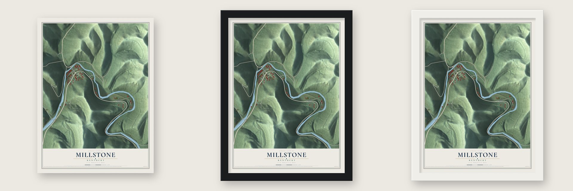 Millstone, Kentucky map unframed, in a black wood frame and in a white wood frame