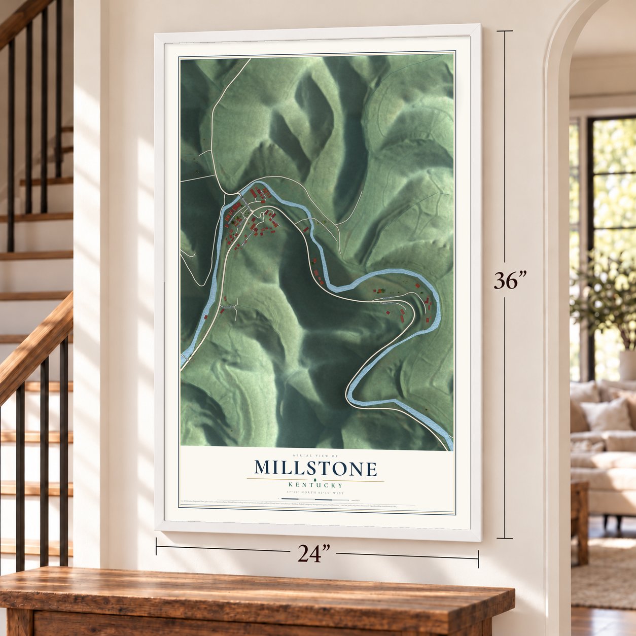 Millstone, Kentucky map, 24 x 36 inch print in a white frame by a staircase