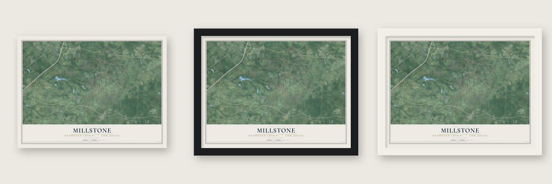 Millstone, Monmouth County, New Jersey map unframed, in a black wood frame and in a white wood frame