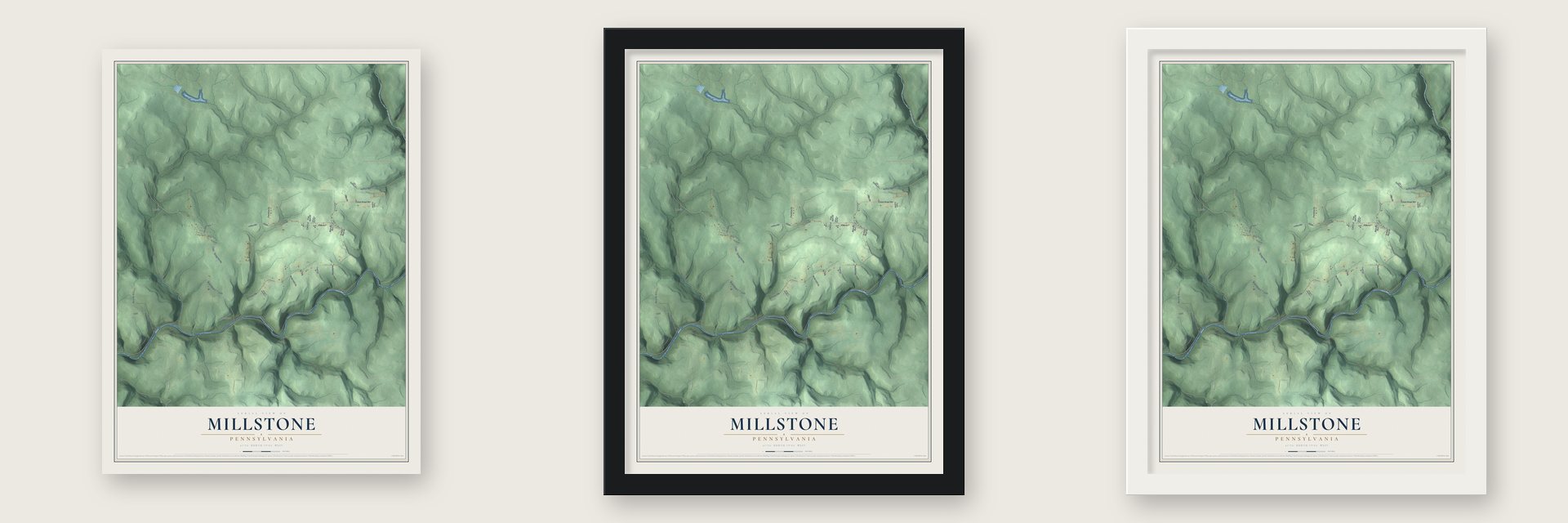 Millstone, Pennsylvania map unframed, in a black wood frame and in a white wood frame