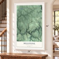Millstone, Pennsylvania map, 24 x 36 inch print in a white frame by a staircase
