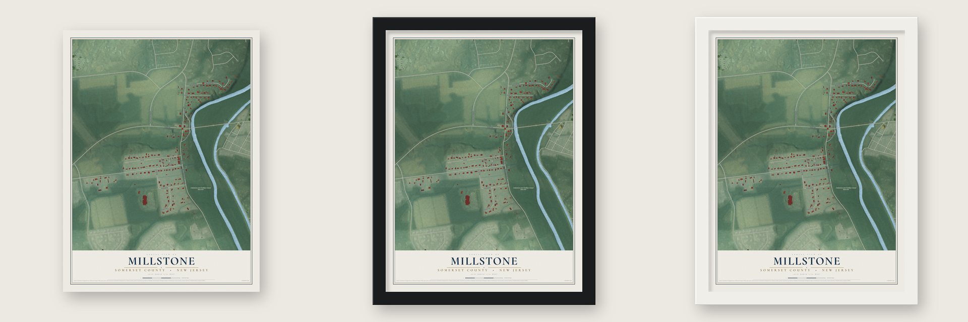 Millstone, Somerset County, New Jersey map unframed, in a black wood frame and in a white wood frame
