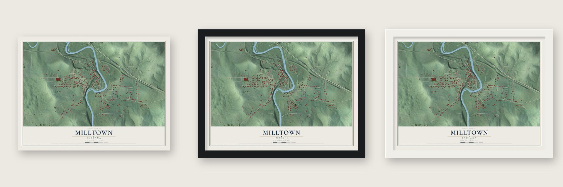 Milltown, Indiana map unframed, in a black wood frame and in a white wood frame