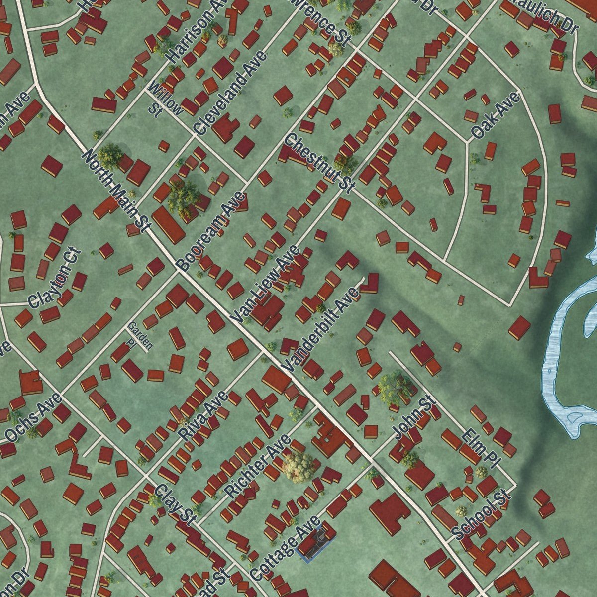 Second close-up of the map of Milltown, New Jersey print showing more streets and buildings