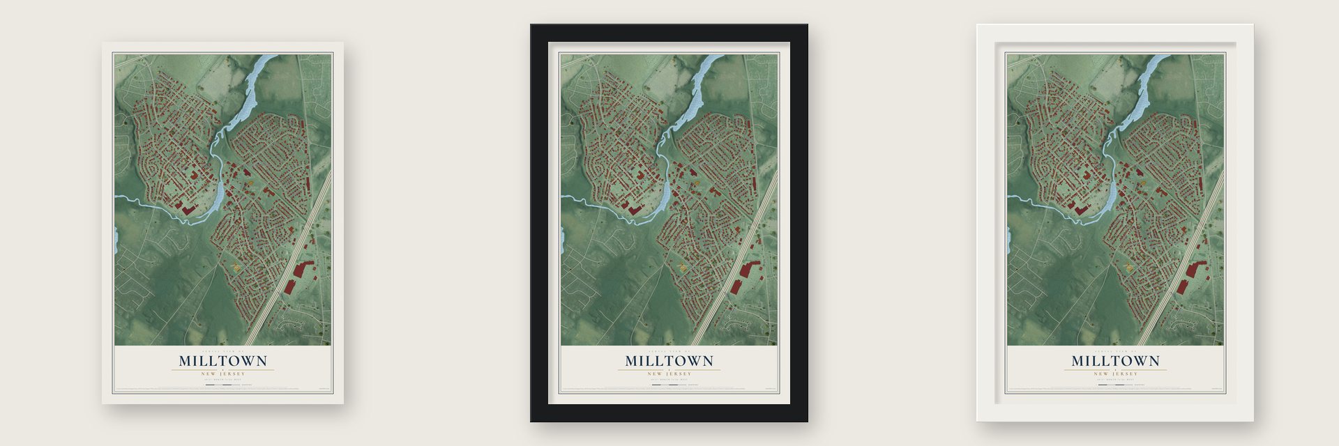 Milltown, New Jersey map unframed, in a black wood frame and in a white wood frame