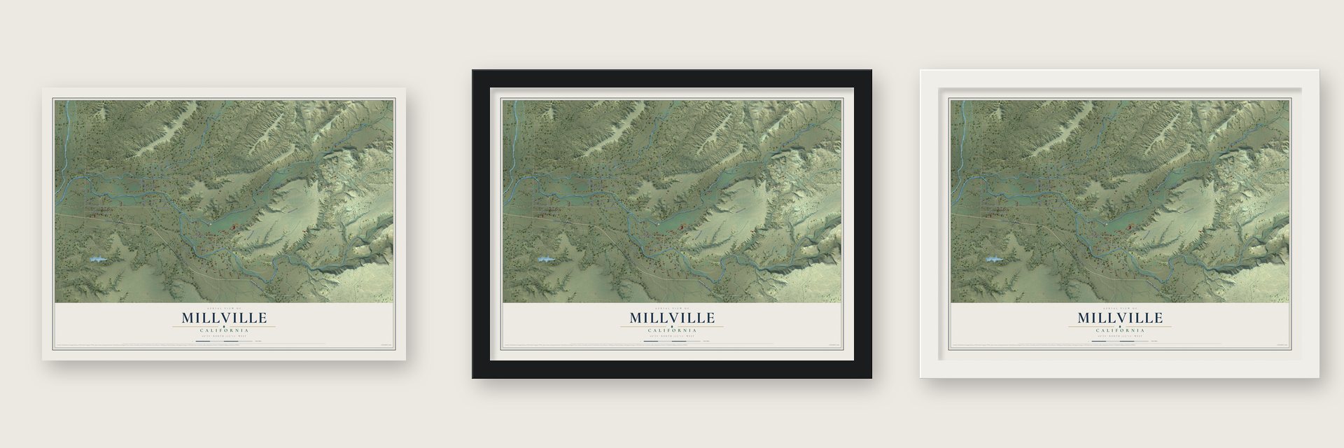 Millville, California map unframed, in a black wood frame and in a white wood frame